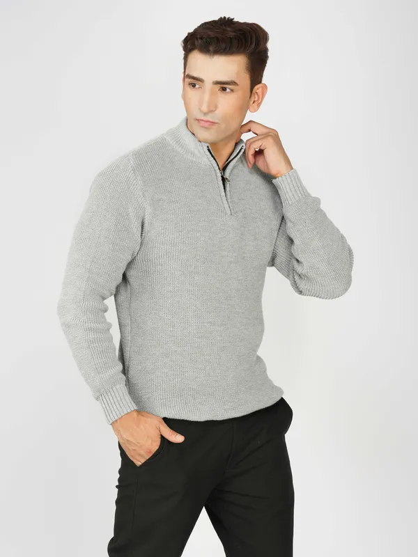 Light_Grey_Men's_High_Neck_Quarter_Zip_Wool_Sweater_Knitted_Winter_Pullover_For_Office_&_Casual_Wear