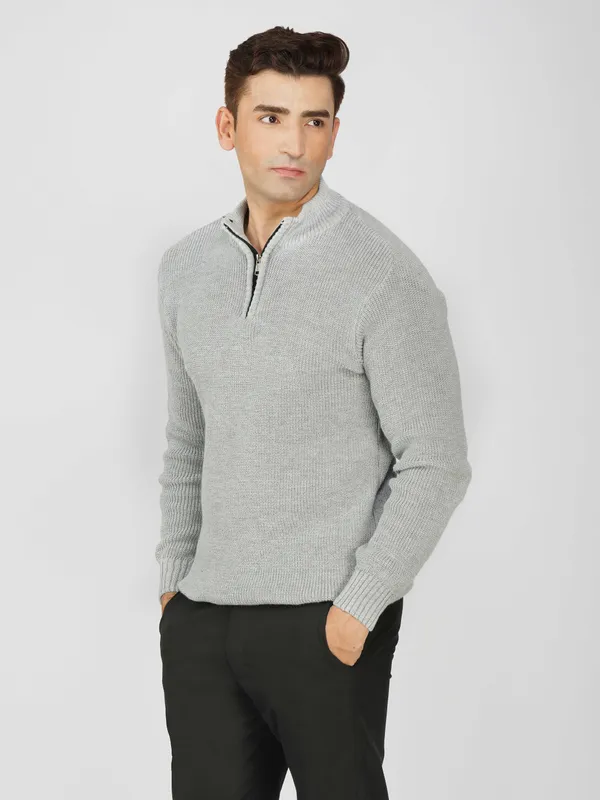 Light_Grey_Men's_High_Neck_Quarter_Zip_Wool_Sweater_Knitted_Winter_Pullover_For_Office_&_Casual_Wear