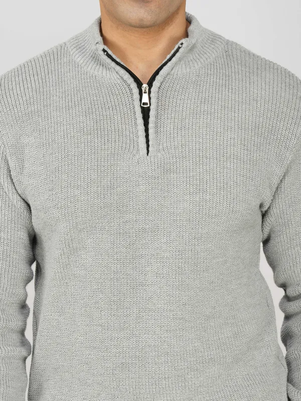 Light_Grey_Men's_High_Neck_Quarter_Zip_Wool_Sweater_Knitted_Winter_Pullover_For_Office_&_Casual_Wear