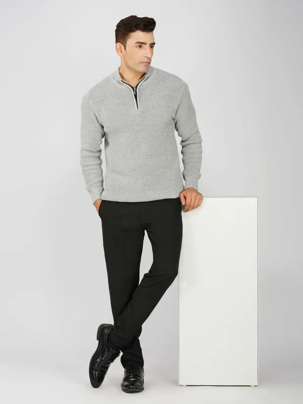 Light_Grey_Men's_High_Neck_Quarter_Zip_Wool_Sweater_Knitted_Winter_Pullover_For_Office_&_Casual_Wear