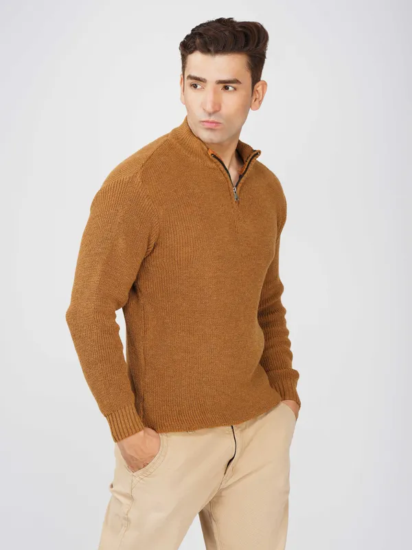 Mustard_Men's_High_Neck_Quarter_Zip_Wool_Sweater_Knitted_Winter_Pullover_For_Office_&_Casual_Wear