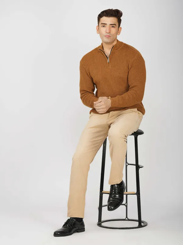 Mustard_Men's_High_Neck_Quarter_Zip_Wool_Sweater_Knitted_Winter_Pullover_For_Office_&_Casual_Wear