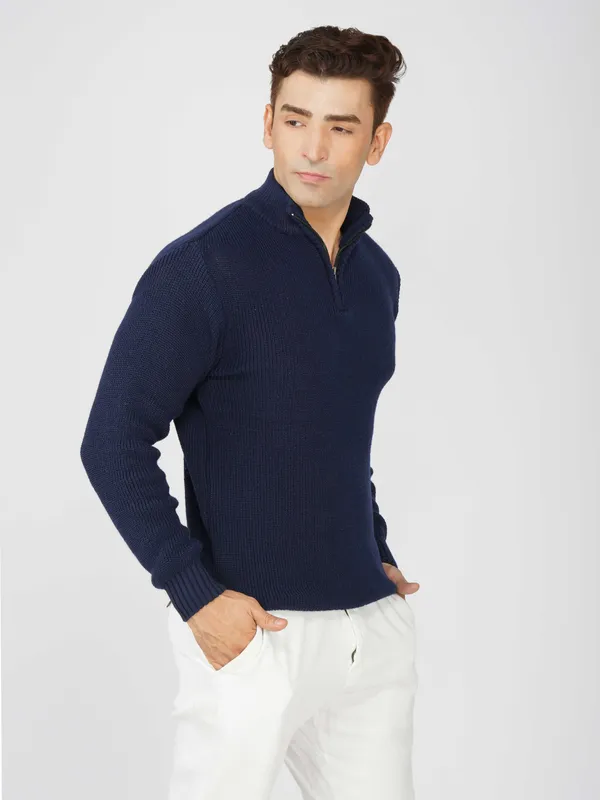 Navy_Men's_High_Neck_Quarter_Zip_Wool_Sweater_Knitted_Winter_Pullover_For_Office_&_Casual_Wear