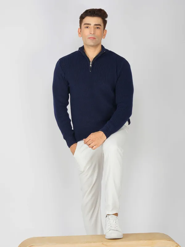 Navy_Men's_High_Neck_Quarter_Zip_Wool_Sweater_Knitted_Winter_Pullover_For_Office_&_Casual_Wear