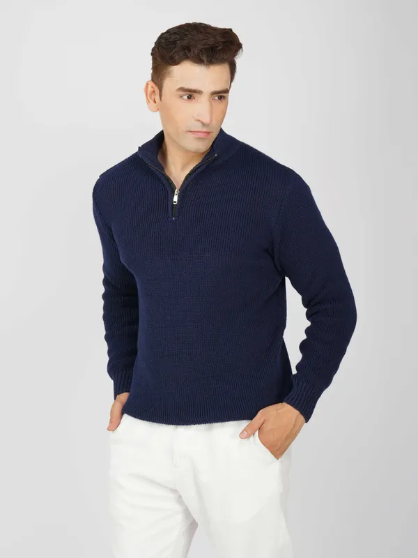 Navy_Men's_High_Neck_Quarter_Zip_Wool_Sweater_Knitted_Winter_Pullover_For_Office_&_Casual_Wear