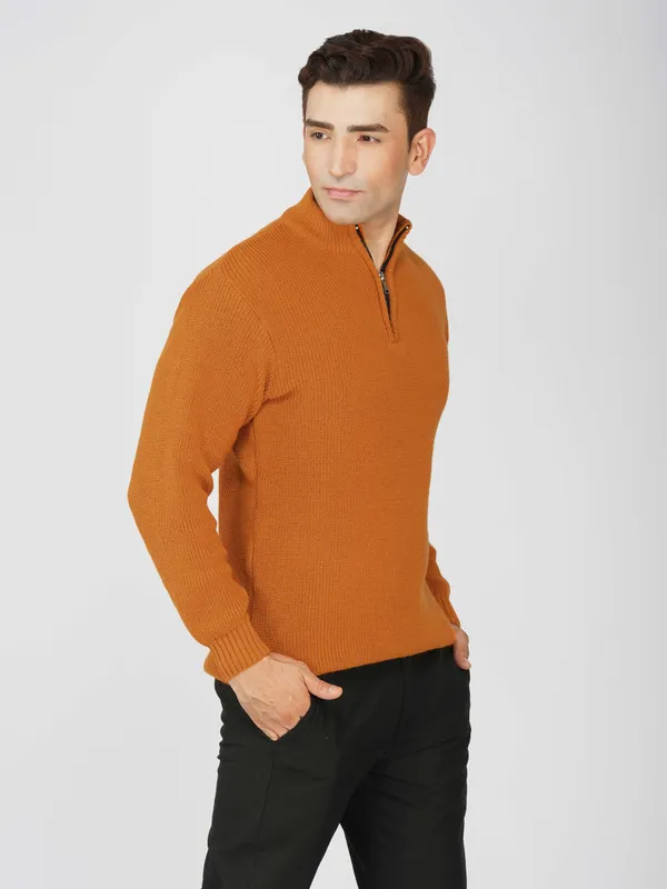 Rust_Men's_High_Neck_Quarter_Zip_Wool_Sweater_Knitted_Winter_Pullover_For_Office_&_Casual_Wear