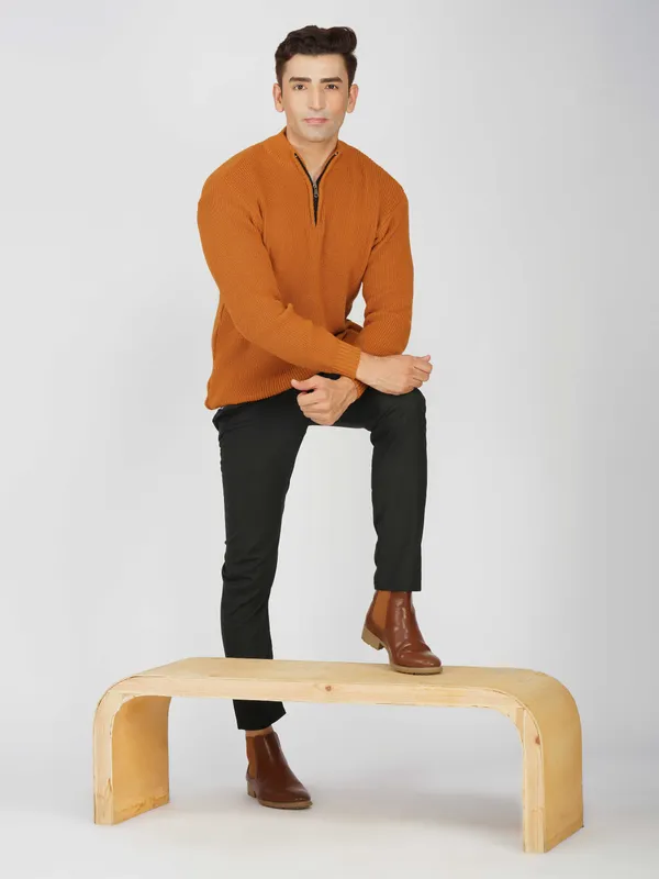 Rust_Men's_High_Neck_Quarter_Zip_Wool_Sweater_Knitted_Winter_Pullover_For_Office_&_Casual_Wear