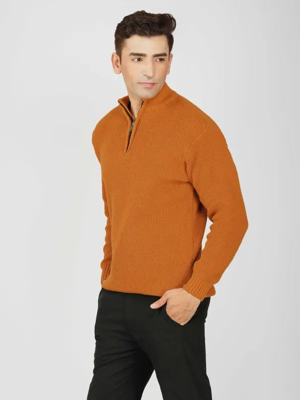Rust_Men's_High_Neck_Quarter_Zip_Wool_Sweater_Knitted_Winter_Pullover_For_Office_&_Casual_Wear
