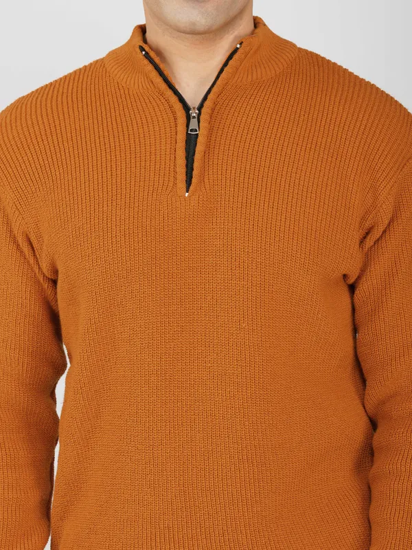 Rust_Men's_High_Neck_Quarter_Zip_Wool_Sweater_Knitted_Winter_Pullover_For_Office_&_Casual_Wear