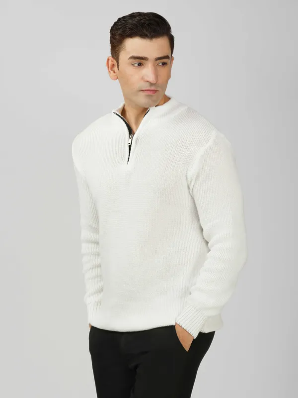 White_Men's_High_Neck_Quarter_Zip_Wool_Sweater_Knitted_Winter_Pullover_For_Office_&_Casual_Wear