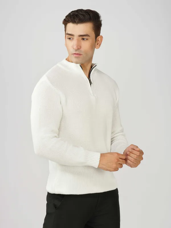 White_Men's_High_Neck_Quarter_Zip_Wool_Sweater_Knitted_Winter_Pullover_For_Office_&_Casual_Wear