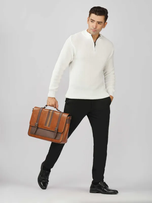 White_Men's_High_Neck_Quarter_Zip_Wool_Sweater_Knitted_Winter_Pullover_For_Office_&_Casual_Wear