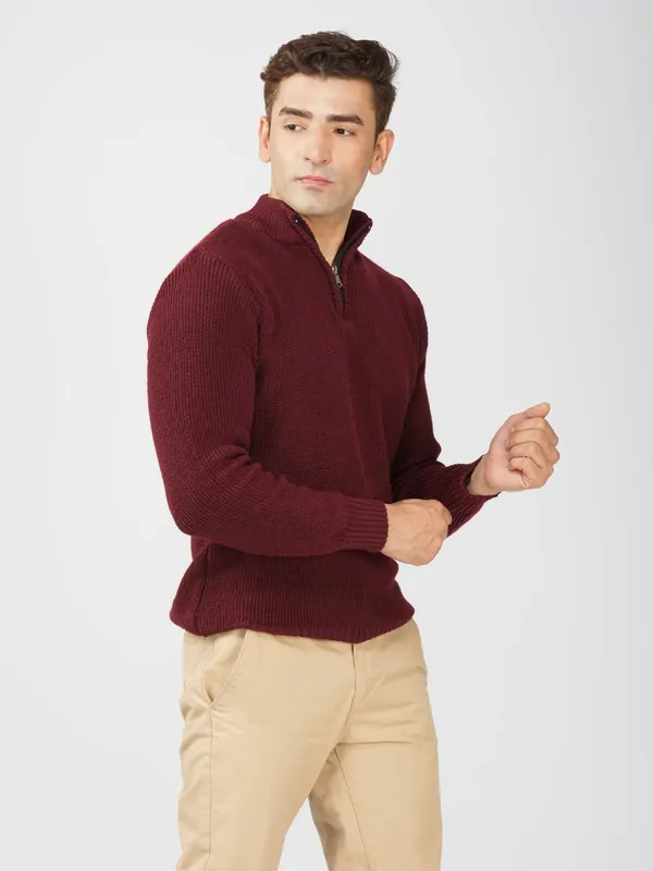 Wine_Men's_High_Neck_Quarter_Zip_Wool_Sweater_Knitted_Winter_Pullover_For_Office_&_Casual_Wear