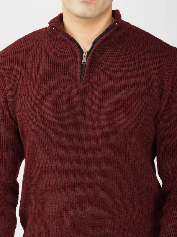 Wine_Men's_High_Neck_Quarter_Zip_Wool_Sweater_Knitted_Winter_Pullover_For_Office_&_Casual_Wear