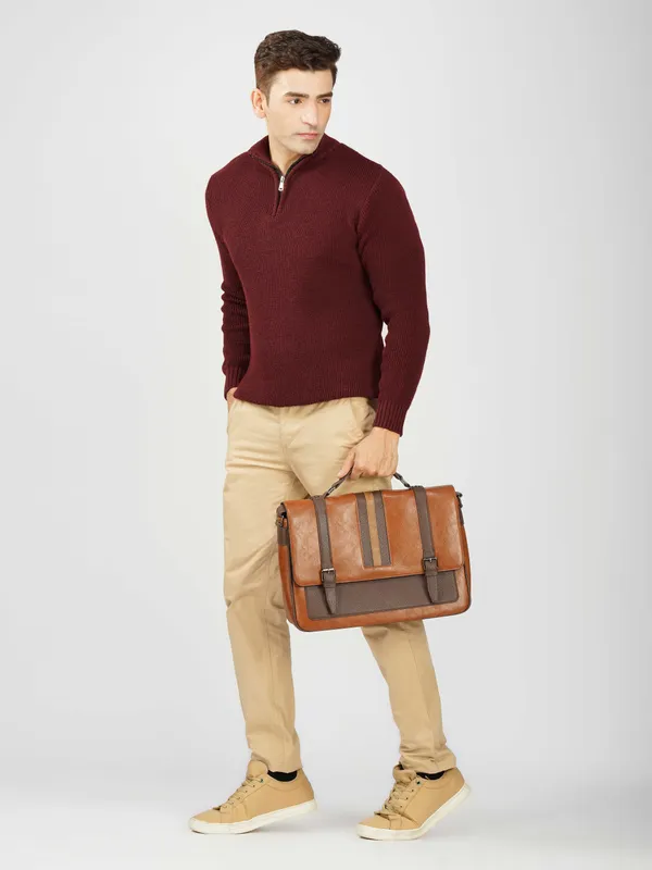 Wine_Men's_High_Neck_Quarter_Zip_Wool_Sweater_Knitted_Winter_Pullover_For_Office_&_Casual_Wear