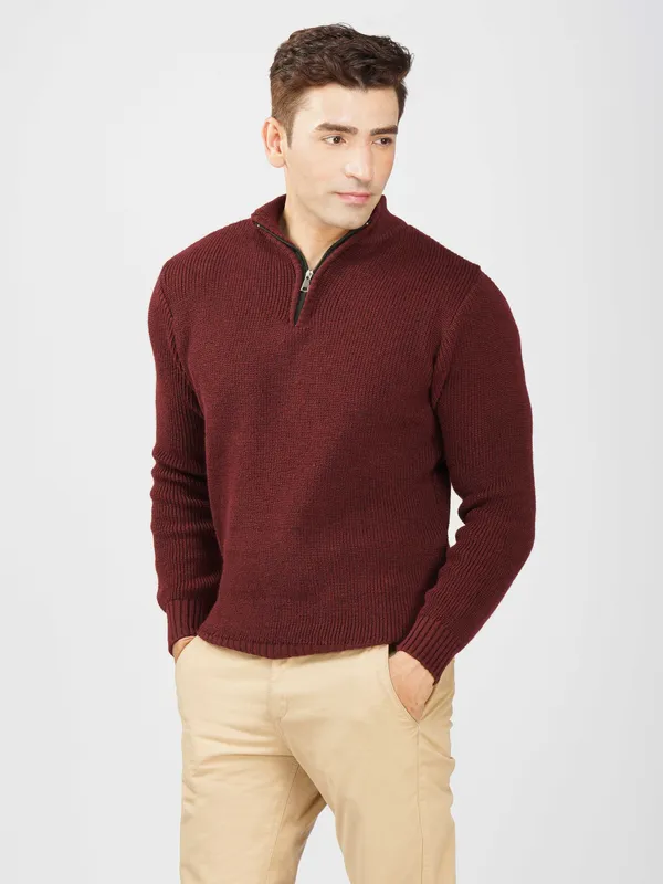 Wine_Men's_High_Neck_Quarter_Zip_Wool_Sweater_Knitted_Winter_Pullover_For_Office_&_Casual_Wear