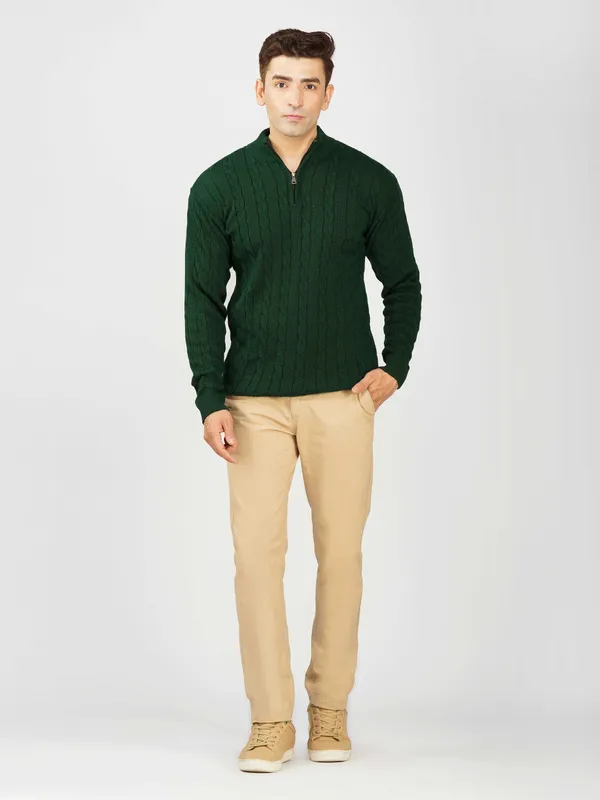 Bottle_Green_Men's_Woolen_High_Neck_Sweater_Quarter_Zip_Cable_Knit_Winter_Pullover