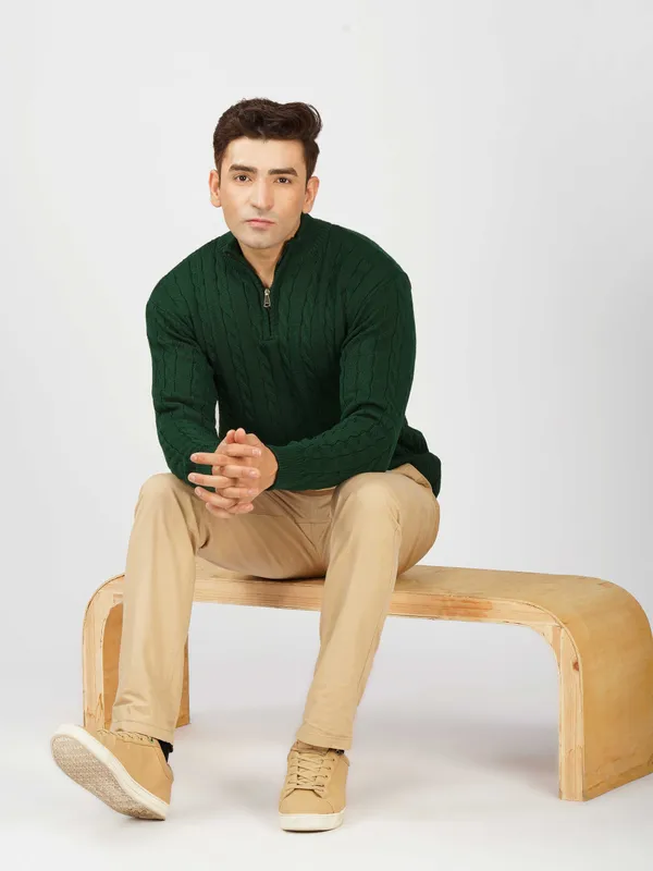 Bottle_Green_Men's_Woolen_High_Neck_Sweater_Quarter_Zip_Cable_Knit_Winter_Pullover