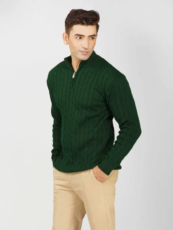 Bottle_Green_Men's_Woolen_High_Neck_Sweater_Quarter_Zip_Cable_Knit_Winter_Pullover