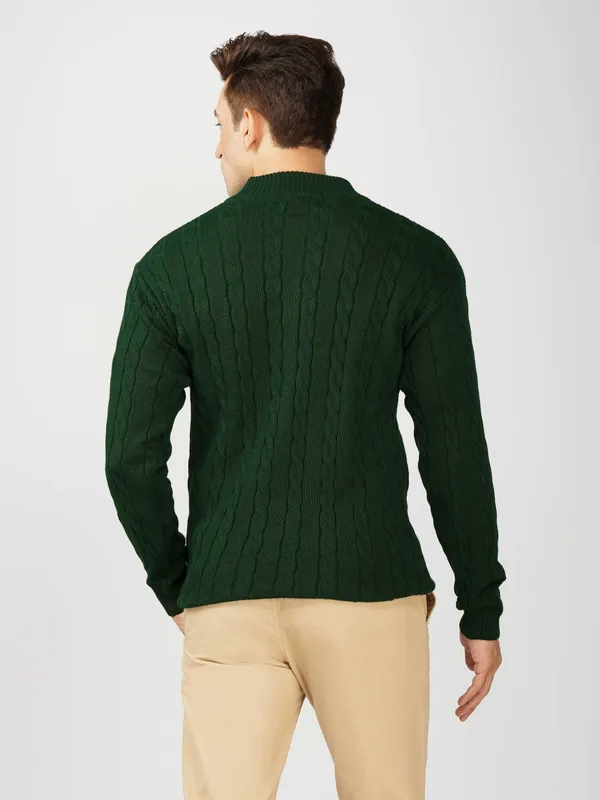 Bottle_Green_Men's_Woolen_High_Neck_Sweater_Quarter_Zip_Cable_Knit_Winter_Pullover