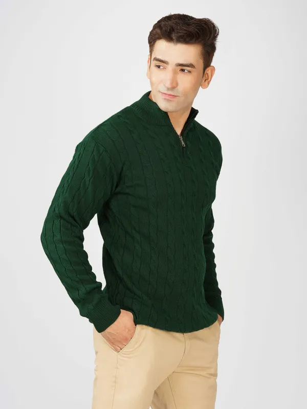 Bottle_Green_Men's_Woolen_High_Neck_Sweater_Quarter_Zip_Cable_Knit_Winter_Pullover