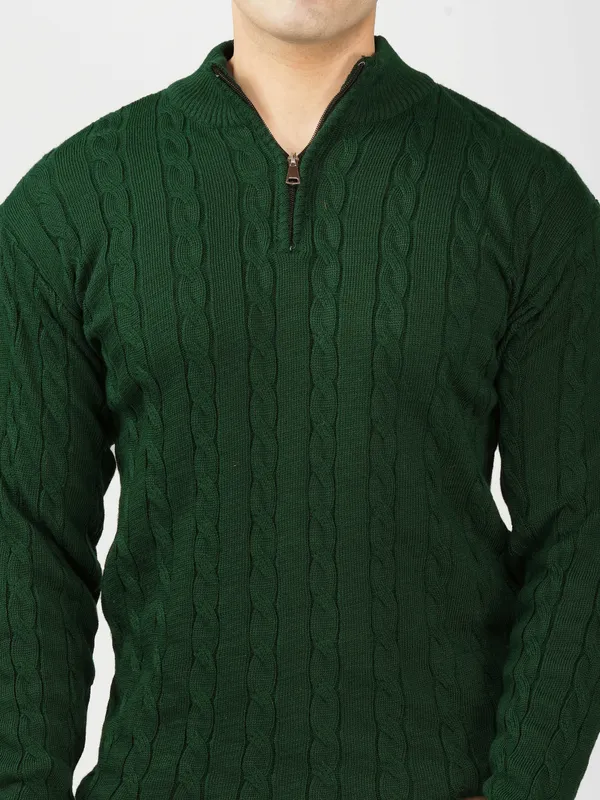 Bottle_Green_Men's_Woolen_High_Neck_Sweater_Quarter_Zip_Cable_Knit_Winter_Pullover