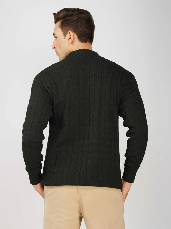 Black_Men's_Woollen_High_Neck_Sweater_Quarter_Zip_Cable_Knit_Winter_Pullover