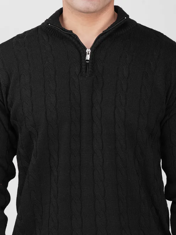 Black_Men's_Woollen_High_Neck_Sweater_Quarter_Zip_Cable_Knit_Winter_Pullover