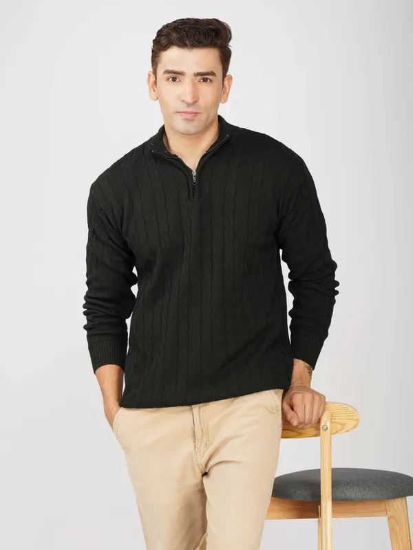 Black_Men's_Woollen_High_Neck_Sweater_Quarter_Zip_Cable_Knit_Winter_Pullover