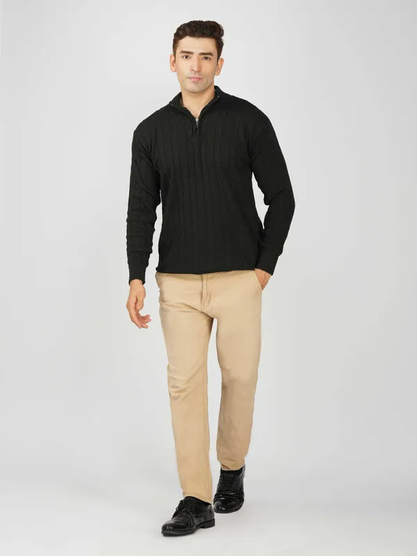 Black_Men's_Woollen_High_Neck_Sweater_Quarter_Zip_Cable_Knit_Winter_Pullover