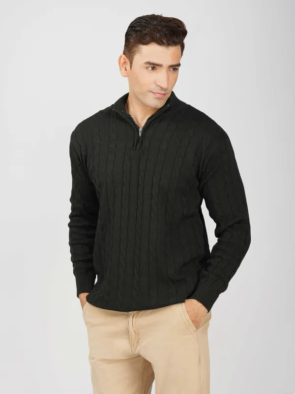 Black_Men's_Woollen_High_Neck_Sweater_Quarter_Zip_Cable_Knit_Winter_Pullover