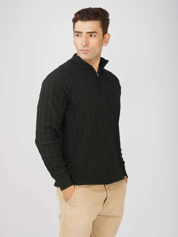 Black_Men's_Woollen_High_Neck_Sweater_Quarter_Zip_Cable_Knit_Winter_Pullover