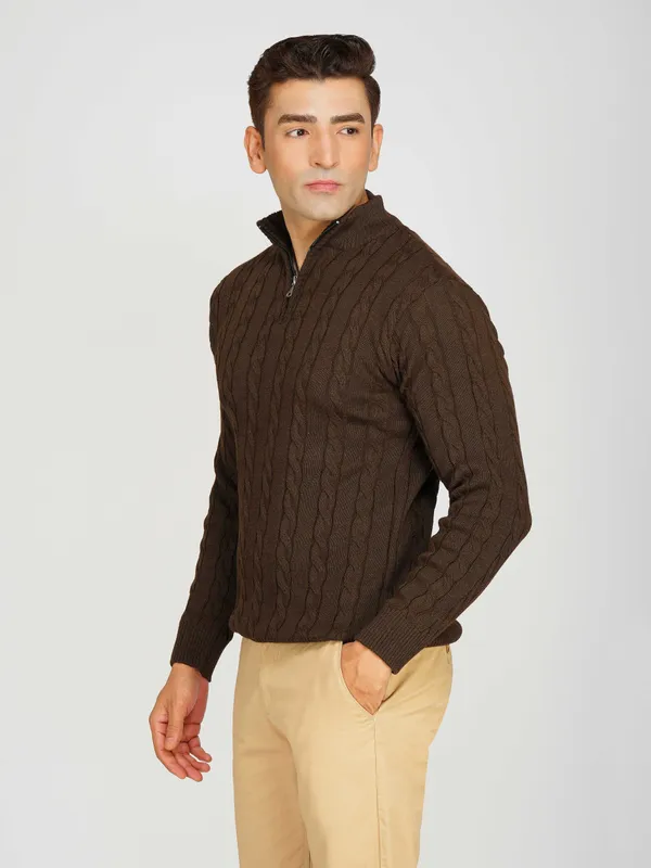 Brown_Men's_Woollen_High_Neck_Sweater_Quarter_Zip_Cable_Knit_Winter_Pullover