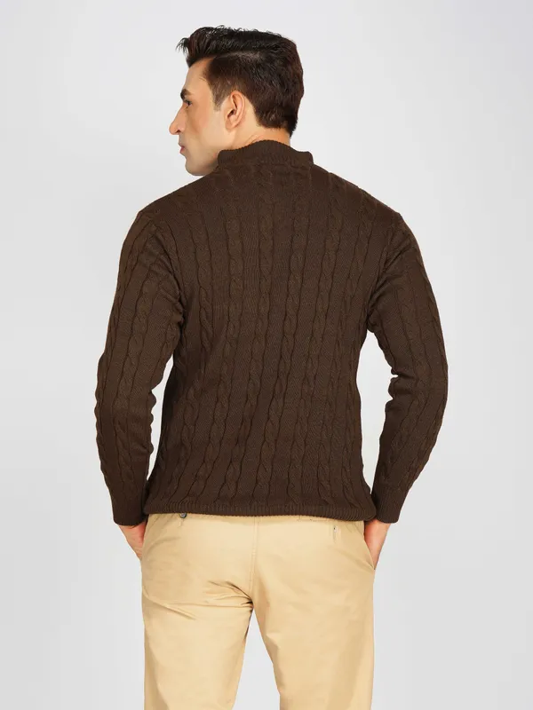 Brown_Men's_Woollen_High_Neck_Sweater_Quarter_Zip_Cable_Knit_Winter_Pullover
