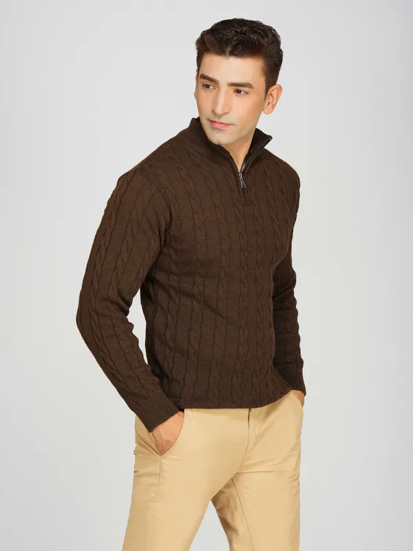 Brown_Men's_Woollen_High_Neck_Sweater_Quarter_Zip_Cable_Knit_Winter_Pullover