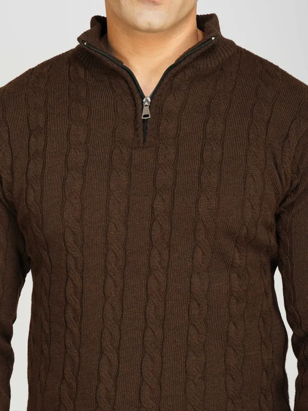 Brown_Men's_Woollen_High_Neck_Sweater_Quarter_Zip_Cable_Knit_Winter_Pullover