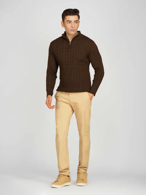 Brown_Men's_Woollen_High_Neck_Sweater_Quarter_Zip_Cable_Knit_Winter_Pullover