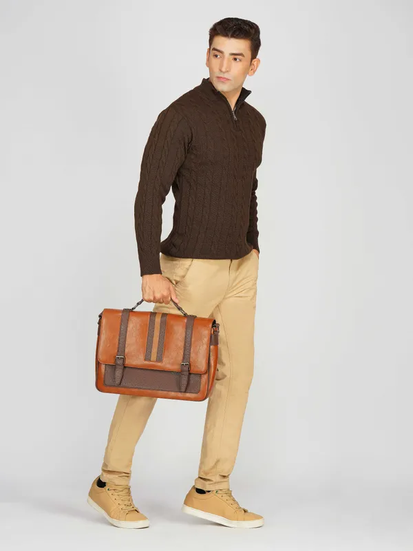 Brown_Men's_Woollen_High_Neck_Sweater_Quarter_Zip_Cable_Knit_Winter_Pullover