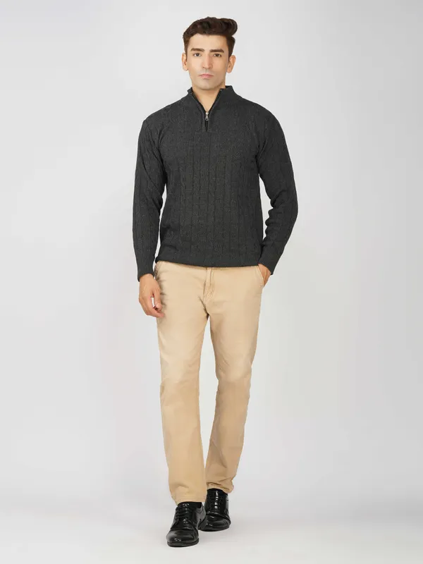 Dark-Grey_Men's_Woollen_High_Neck_Sweater_Quarter_Zip_Cable_Knit_Winter_Pullover