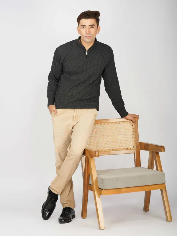 Dark-Grey_Men's_Woollen_High_Neck_Sweater_Quarter_Zip_Cable_Knit_Winter_Pullover