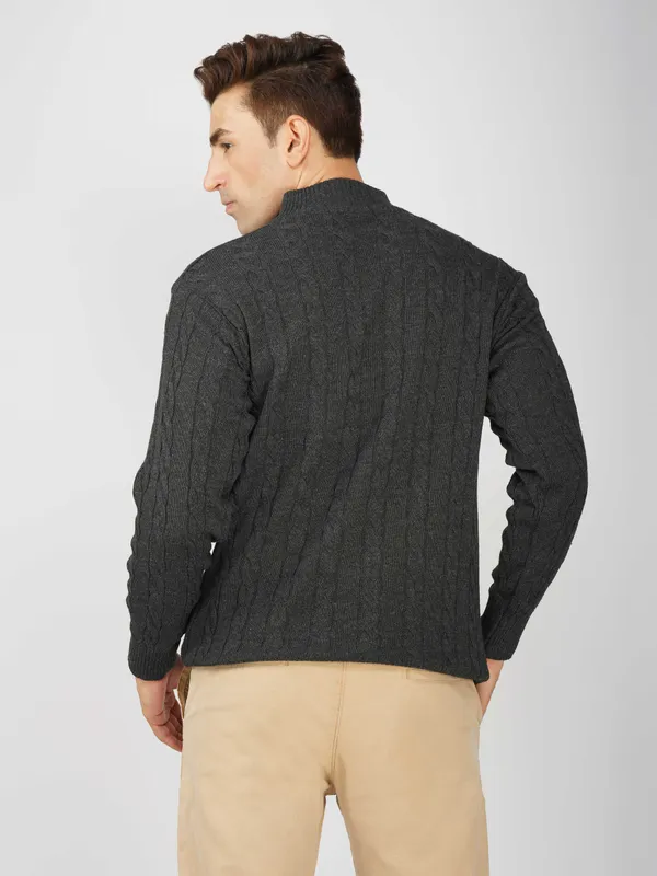 Dark-Grey_Men's_Woollen_High_Neck_Sweater_Quarter_Zip_Cable_Knit_Winter_Pullover