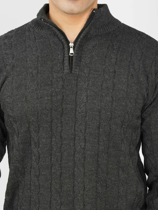 Dark-Grey_Men's_Woollen_High_Neck_Sweater_Quarter_Zip_Cable_Knit_Winter_Pullover