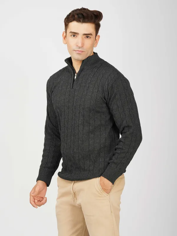 Dark-Grey_Men's_Woollen_High_Neck_Sweater_Quarter_Zip_Cable_Knit_Winter_Pullover