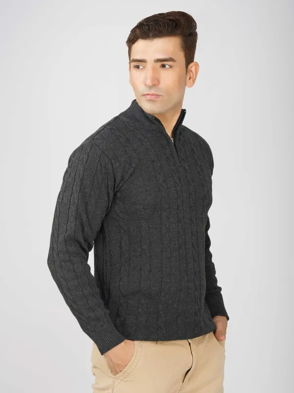 Dark-Grey_Men's_Woollen_High_Neck_Sweater_Quarter_Zip_Cable_Knit_Winter_Pullover