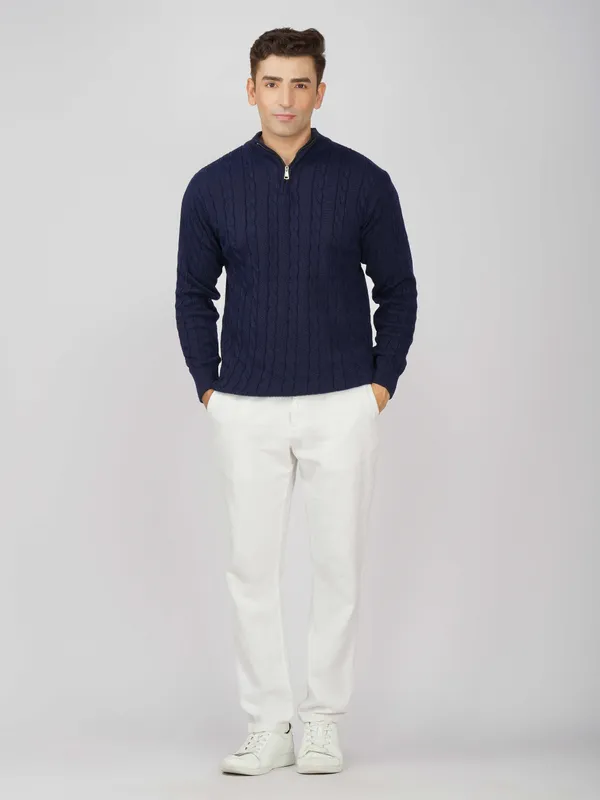 Navy_Men's_Woollen_High_Neck_Sweater_Quarter_Zip_Cable_Knit_Winter_Pullover
