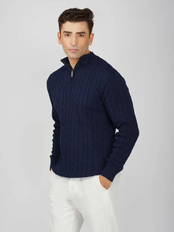 Navy_Men's_Woollen_High_Neck_Sweater_Quarter_Zip_Cable_Knit_Winter_Pullover