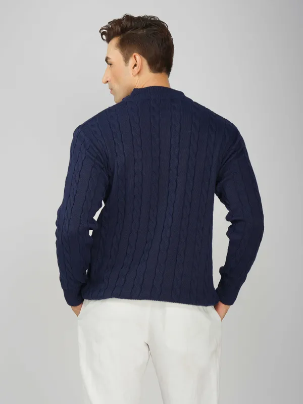 Navy_Men's_Woollen_High_Neck_Sweater_Quarter_Zip_Cable_Knit_Winter_Pullover