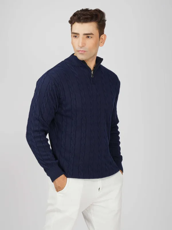 Navy_Men's_Woollen_High_Neck_Sweater_Quarter_Zip_Cable_Knit_Winter_Pullover