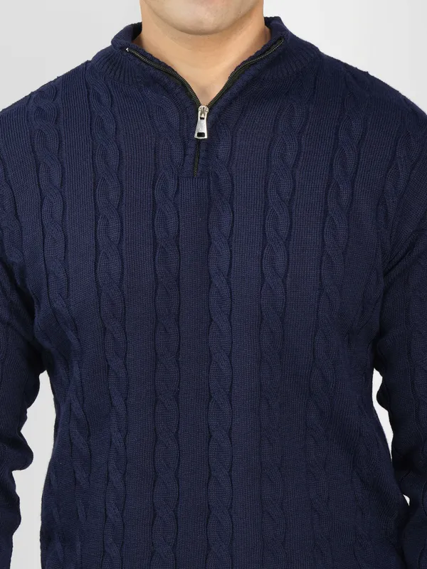 Navy_Men's_Woollen_High_Neck_Sweater_Quarter_Zip_Cable_Knit_Winter_Pullover
