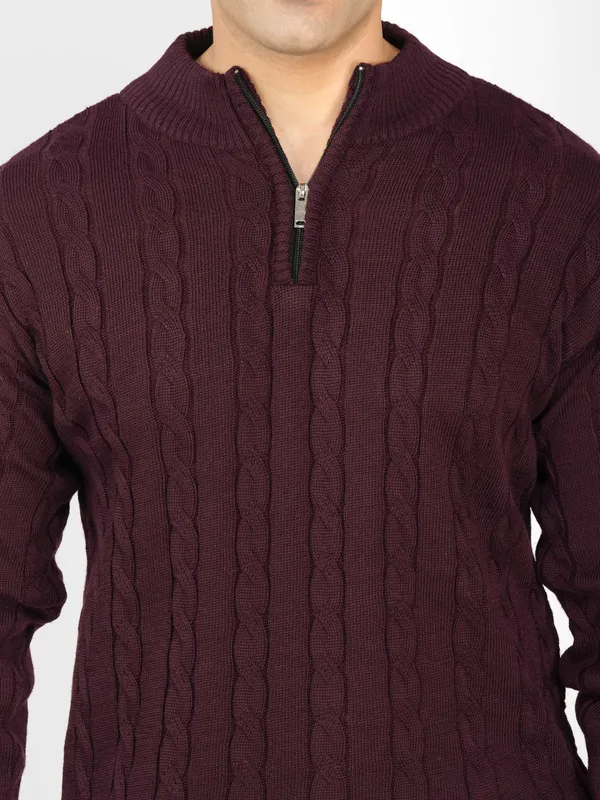 Purple_Men's_Woollen_High_Neck_Sweater_Quarter_Zip_Cable_Knit_Winter_Pullover